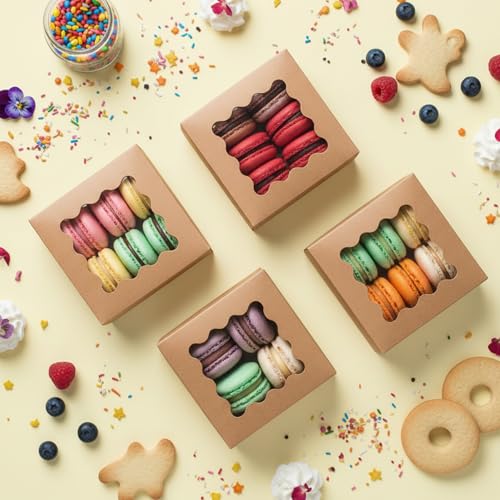 TOMNK 150pcs Small Cookie Boxes with Window, 4x4x2.5In Cookie Packaging - color: Brown