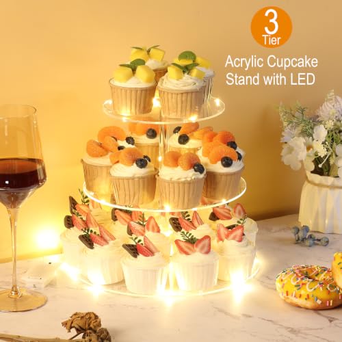 3 Tier Cupcake Stand Cupcake Holder with LED, Acrylic Round Cupcake Tower - size: 3 Tire round
