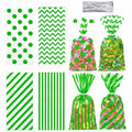 Capesaro 50 Pieces 10.6 x 5.1 In Green Cellophane Treat Bags Candy Gift Bag with Twist Ties Stripes Polka Dot Printed Pattern Goodie Bag for Birthday Weddings Party - color: Green-10.8'' x 5''
