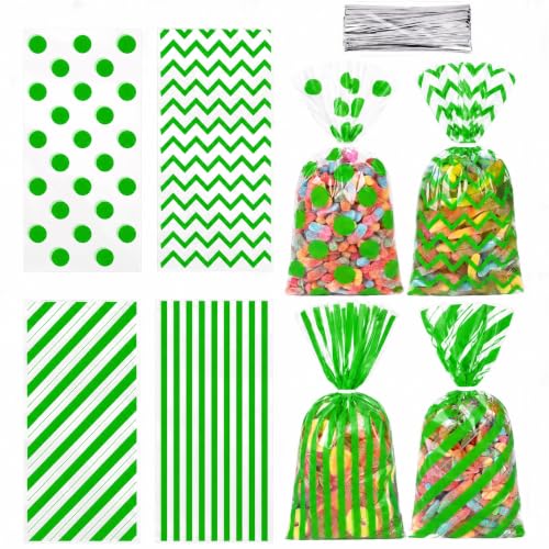 Capesaro 50 Pieces 10.6 x 5.1 In Green Cellophane Treat Bags Candy Gift Bag with Twist Ties Stripes Polka Dot Printed Pattern Goodie Bag for Birthday Weddings Party - color: Green-10.8'' x 5''