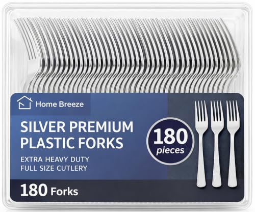 180 Count Silver Plastic Forks Heavy Duty, Disposable Plastic Silverware - color: Silver