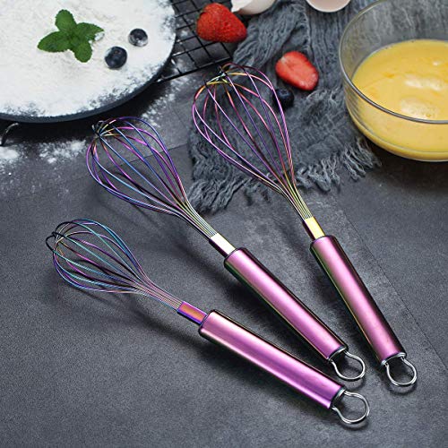 Berglander Rainbow Whisk Pack of 3 Stainless Steel 8",10",12", Titianium Plating Colorful Whisk for Cooking, Beater,Wire Whisk Set Kitchen Wisk (Rainbow) - color: 7. Rainbow