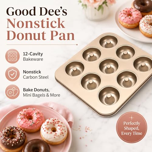 Good Dee's Nonstick Donut Pan for Baking 12 Cavity - Carbon Steel Donut Baking Pan for Muffin, Cake, Dessert & Mini Bagel | Doughnut Bakeware for Oven Baking | Mold Donut Trays Easy Clean & Non-Stick