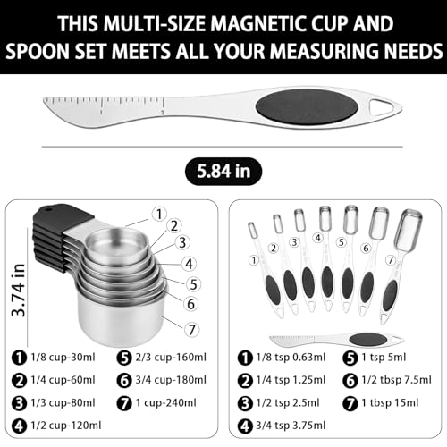 15-Piece Magnetic Measuring Cups and Spoons Set with Leveler, Black - color: Black