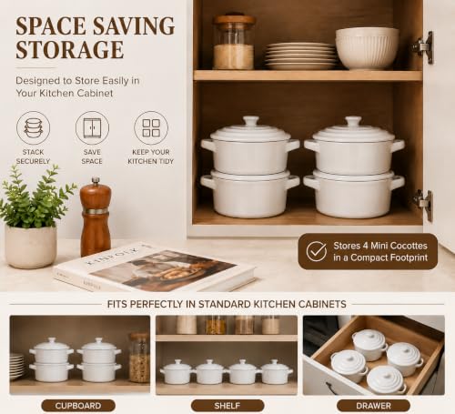 Mini Dutch Oven Set of 4, 14 oz Ceramic Mini Dutch Ovens with Lids and Handles, Ramekins with Lids for French Onion Soup, Pot Pies, Soufflés and Baked Desserts, Oven Microwave Dishwasher Safe, Mini Cocotte, White - color: White