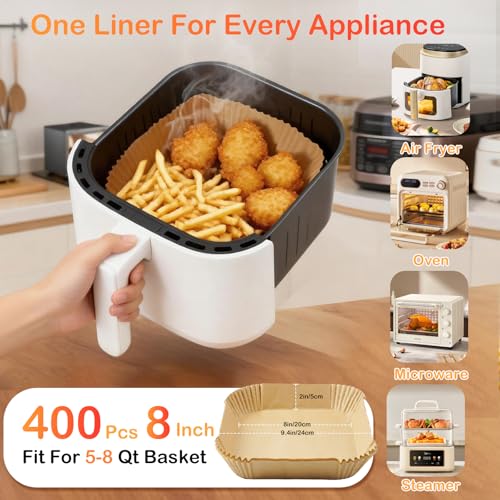 400 Pcs Air Fryer Liners Disposable, 8” Square Unbleached Heavy Duty Air Fryer Paper Liners, Parchment Paper for 5-8 qt Airfryer Basket, Non-Stick & Non-Leak Airfryer Liners for Deep Fryer Accessories - size: 8" Square