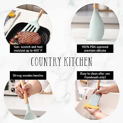 Country Kitchen Non Stick Silicone Utensil Set with Rounded Wood Handles for Cooking and Baking, 14 Piece Set, Mint - color: Mint, size: 14 Piece Set