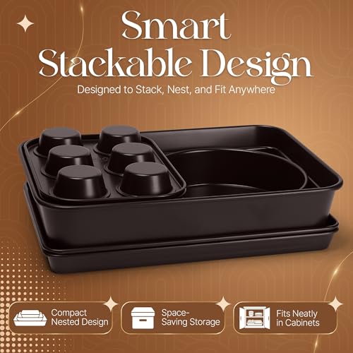 Nonstick Bakeware Set 8 Piece - Stackable Baking Pan Set, Oven safe 450°F, Carbon Steel Baking Set with Muffin, Loaf, Cookie Sheets & Roaster, Easy Storage, BPA-Free (Dark Brown) - color: Dark Brown