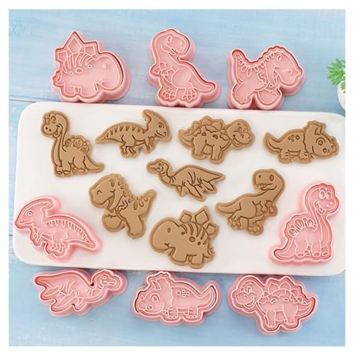8 Piece Dinosaur Shape Cookie Cutter Set with Plunger Stamper,3D Embossed Pink Plastic Biscuits Cutters for Fondant and DIY Desserts Baking