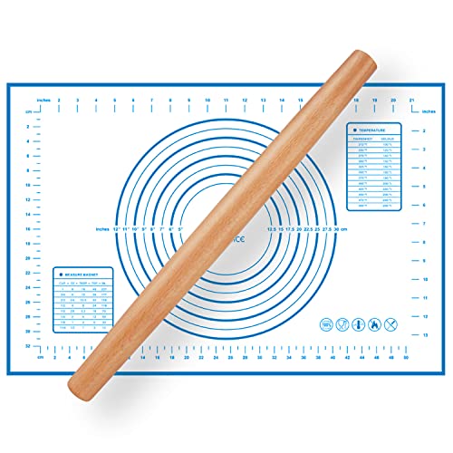 Wood French Rolling Pin for Baking, QUELLANCE Wooden Dough Roller with Silicone Baking Mat, Beech Wood Rolling Pins for Baking Dough, Pizza, Pie, Pastries, Pasta and Cookies,Blue Pastry Mat - size: BL-16 inch