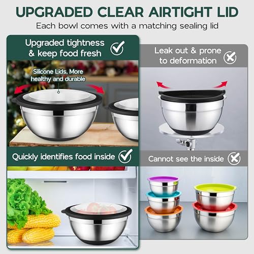 Onader Mixing Bowls with Lids Set of 6 for Kitchen, Stainless Steel Metal Nesting Bowls with Non-Slip Bottom Black - Size 1, 1.5, 2, 2.6, 3.5, 7QT - color: Black