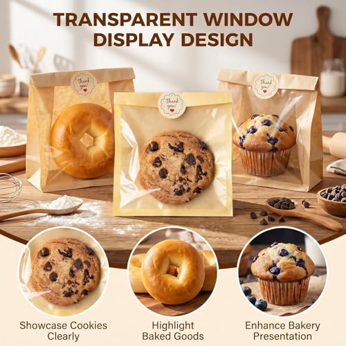 100Pcs Brown Paper Cookie Bags with Stickers & Window 5x6.5 inch - size: 14.5X16.5CM