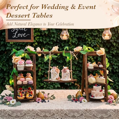 Rustic Wooden Cupcake Stand with LED String Lights, 3 Tier Dessert Display Ladder with Swinging Tray, Solid Pine Serving Trays with Flower Vine for Wedding, Party, Birthday Event Table Decor
