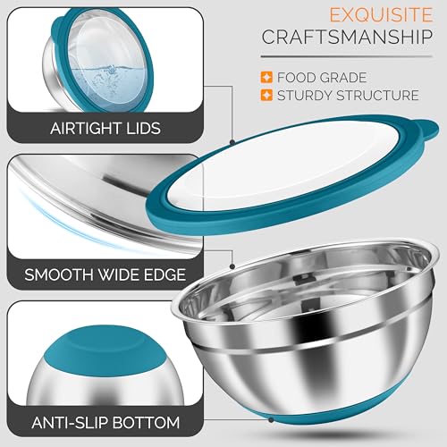 HaWare Mixing Bowls, 24-Piece Stainless Steel Salad Serving Bowl with Airtight Clear Lids, Metal Nesting Bowl For Kitchen Cooking Prepping Storing with 3 Graters, 4.6/2.6/1.5/1/0.7 QT, Teal Blue - color: Teal Blue