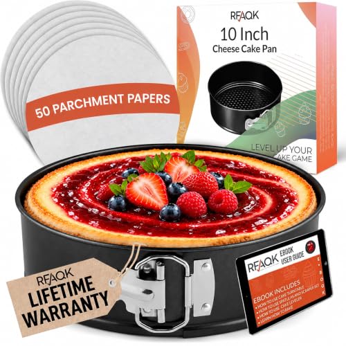 RFAQK 10 Inch Springform Pan Nonstick Leakproof - Spring Form Pan for Cheesecake with Removable Bottom, Include 50pcs Parchment Paper, Recipe E-Book - Perfect for Baking Cheese Cakes, Pizzas, & More! - size: 10-Inch