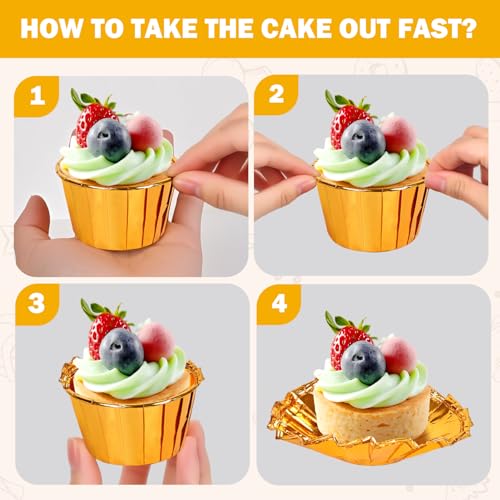100Pack Gold Cupcake Liners, 3.5oz Baking Cupcake Cups, Mini Disposable Foil Muffin Liners, Grease-proof Paper Ramekin Oven-safe Cupcake Tins for Valentine Christmas Wedding Birthday Party with Spoons - color: Gold