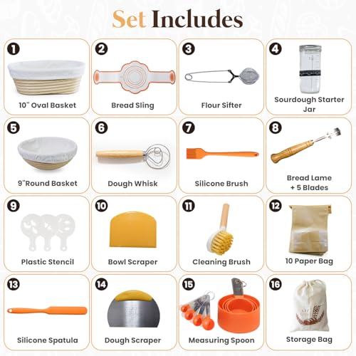 Sourdough Starter Kit with Round & Oval Banneton Bread Proofing Basket