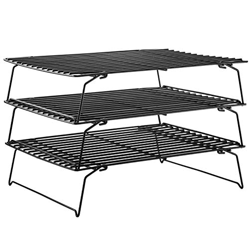 CHEFMADE Baking and Cooling Rack Set, 13.5-Inch 3-Tier Non-Stick Stackable Collapsible Rectangle Wire Rack for Oven Baking (Black)