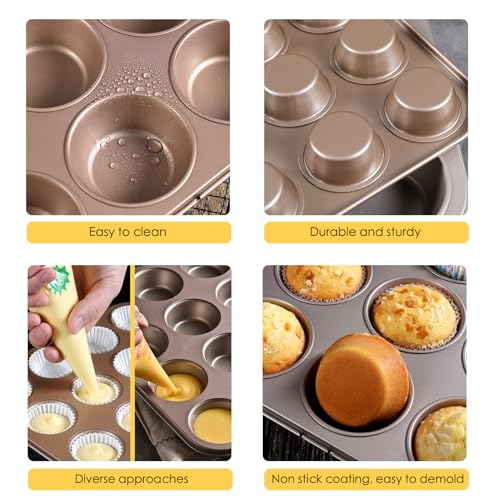 2 Packs Nonstick Round Muffin Baking Pan Tin, 12-Cup Muffin Tin, Cupcake Pans, Cheesecake Pans, Carbon Steel, Gold - color: Gold, size: 12 Cavity Muffin,2 PCS