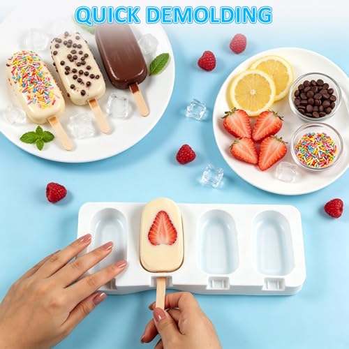 3 Pack Popsicles Molds, Silicone Popsicle Molds 4 Cavities Homemade Ice Cream Largre Oval Cake Pop Mold with 100 Wooden Sticks for DIY Pop,Cakesicles, Cake Pops