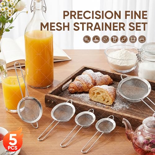 Mini Fine Mesh Strainer Set 5 Pack, Stainless Steel Small Sieves Colanders, Multipurpose Sifter Strainer for Tea, Pasta, Juice & Baking（ 2.13″, 2.72″, 3.29″, 3.9″ and 4.72″）