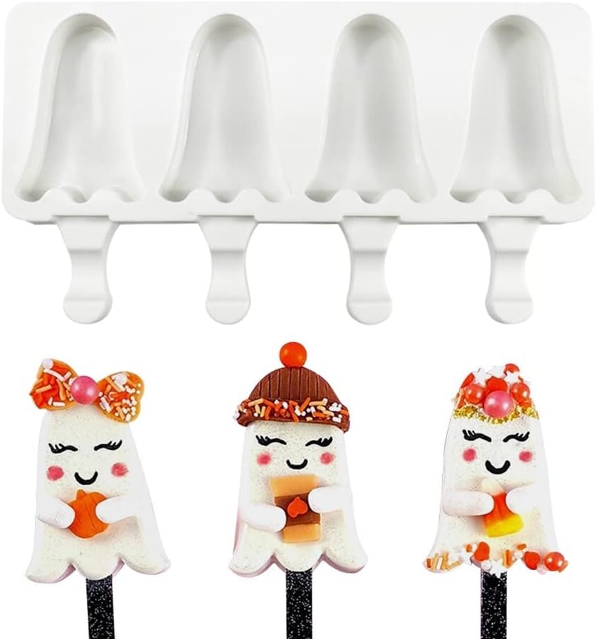 1 Pack Halloween Cute Ghost Shape Popsicle Molds Silicone Ice Pop Molds 4 Cavities Popsicle Molds for Kids Adults Ice Cream Mold Cakesicles Mould DIY Popsicle Maker Homemade Popsicle Silicone Molds B - color: Cute Ghost Popsicle Molds B
