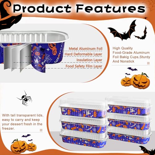 Halloween Mini Cake Pans with Lids 6.8oz, 100Pack Aluminum Foil Ramekins - color: Purple Halloween