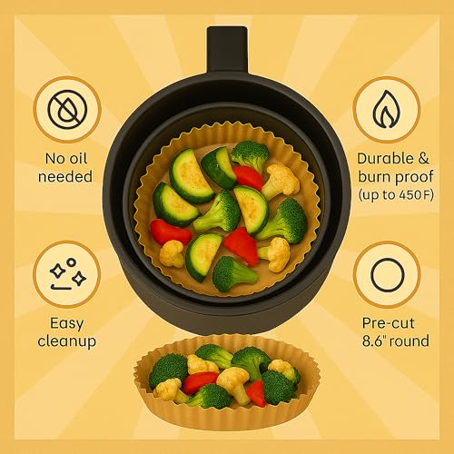 Mindful Design Air Fryer Paper Liners,125Pcs Parchment Paper, Air Fryer Disposable Liner for Microwave, Non-Stick Round Free of Bleach (8IN) - size: Round 8"