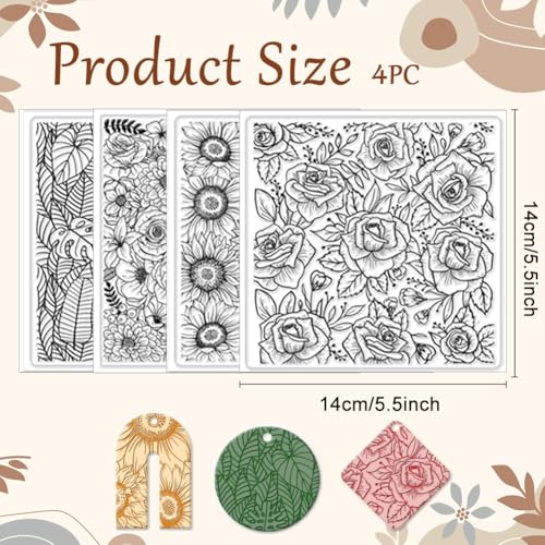 CHGCRAFT 4Pcs 4 Styles Plants Flowers Polymer Clay Texture Sheets, 5.5x5.5Inch - style: Plants