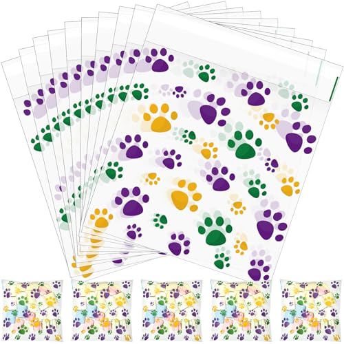Pasimy 200 Pcs Dog Paw Treat Bags, Clear Self Adhesive Mardi Gras Color - color: Mardi Gras Color
