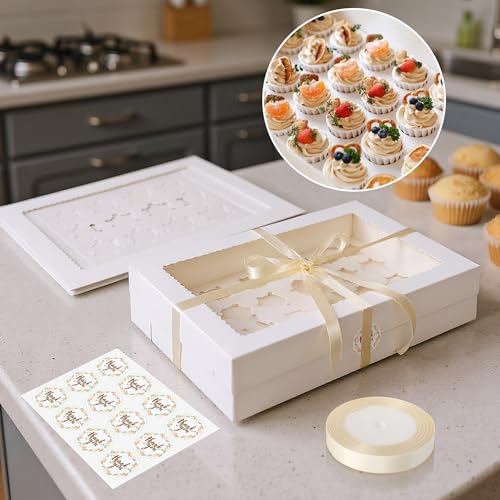 MUMULULU 6PCS Mini Cupcake Box Holds 24 Mini Cupcakes White Bakery Boxes with Window Silk Ribbon Sticker included