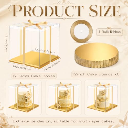 Watersay 6 Pack 14''x14''x12'' Gold Cake Box with Cake Boards and Ribbon - color: Gold, size: 14x14x12inch