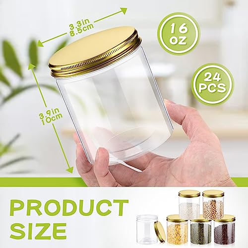 Irenare 24 Pcs 16oz Plastic Jars with Lids, Clear Wide Mouth Airtight Mason Jars Food Storage Containers for Cake, Dried Fruit, Honey, Nuts, Scrubs Cream, Kitchen & Craft(Golden Lids) - color: Golden