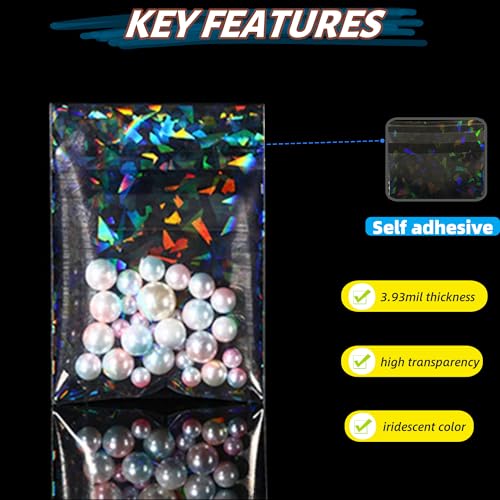 PABCK 100 Pcs Self Adhesive Holographic Cellophane Bags 2.95x5.2+1.18 inch - size: 2.95x5.2+1.18 inch