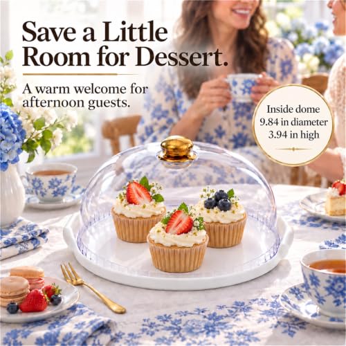 11.4-Inch Ceramic Cake Stand with Lid, White Round Cake Plate with Clear Acrylic Dome Cover for Cakes, Cookies, Pastries and Fruit