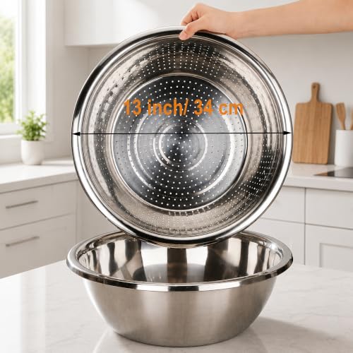 4 Pcs 7 Qt Colander Stainless Steel Set, 2 Bowls & 2 Strainers