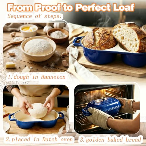 DIY Double Dutch Oven for Sourdough Bread Baking – Enamel Cast Iron Bread Baker with Lid, Bake Two Different Loaves at Once, 500°F Oven Safe, Includes 2×9" Banneton Proofing Baskets - color: Dark blue