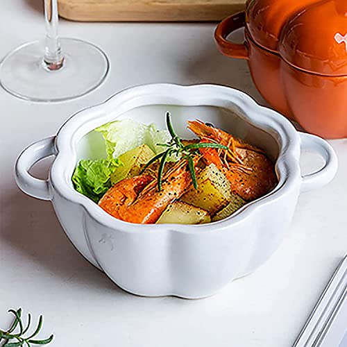 Pumpkin Bowl Set with Lid and Handle, Set of 2 Ceramic Ramekins for Baking, Casserole Dish Individual Severing Pot, Stoneware, Oven Safe, 14 Oz (White) - color: White