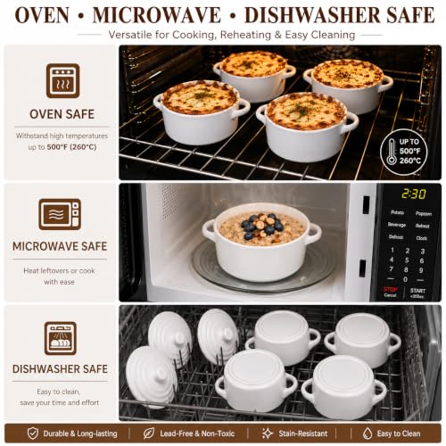 Mini Dutch Oven Set of 4, 14 oz Ceramic Mini Dutch Ovens with Lids and Handles, Ramekins with Lids for French Onion Soup, Pot Pies, Soufflés and Baked Desserts, Oven Microwave Dishwasher Safe, Mini Cocotte, White - color: White