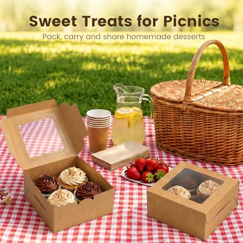 OAMCEG 6x6x3Inch Cupcake Boxes with Window,50 Pcs Cookie Bakery Boxes,Brown - color: brown-stickerA-50pcs