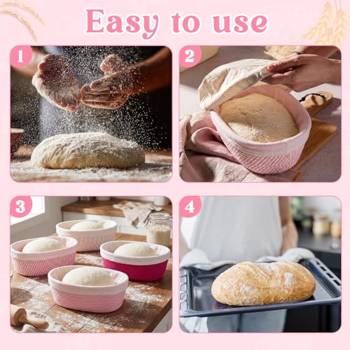 4 Pcs 10 Inch Tones Cotton Rope Banneton Bread Proofing Basket Set Oval Banneton Basket Sourdough Bread with Liners Covers for Baking Supplies (Pink) - color: Pink Tones, size: 10 Inch