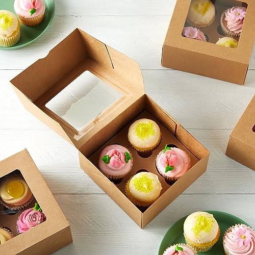 Juvale Cupcake Boxes - 6 x 6 in, 24 Count, Brown - 4-Cup Insert & Clear Window Cupcake Containers & Muffin Boxes