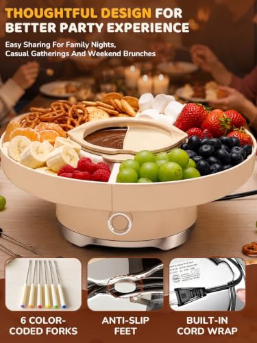 LUSHYUM Electric Chocolate Fondue Pot Set, 4-Cup Chocolate, Rotating Tray - color: White-fondue Pot