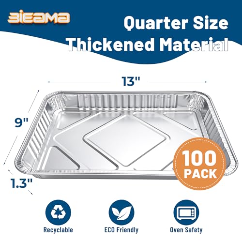 BIEAMA 100 Pack Aluminum Pans 9" x 13" Quarter Size Disposable Foil Pans - size: 13" × 9" 100PACK