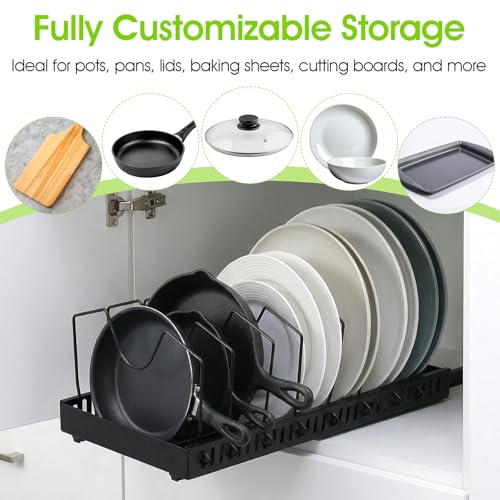 2 Pack Pull-Out Pots and Pans Organizer Under Cabinet, Slide-Out Pot Lid Holder with 8 Adjustable Dividers, No-Drill Adhesive Kitchen Cabinet Storage Rack (Black)