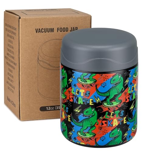 wiwens 12oz Soup Thermo for Hot Food Kids Insulated Food Jar Wide Mouth Lunch Container Leak Proof Stainless Steel Vacuum Bento Box for School Office Travel Outdoors Black-Dinosaur - color: Black-Dinosaur