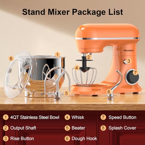 Honinst 4QT Electric Stand Mixer, 10-Speed Tilt-Head Compact Kitchen Mixer - color: Orange