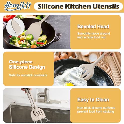 Homikit 15-Piece Kitchen Cooking Utensil Set, Silicone Utensils with Holder - color: Khaki