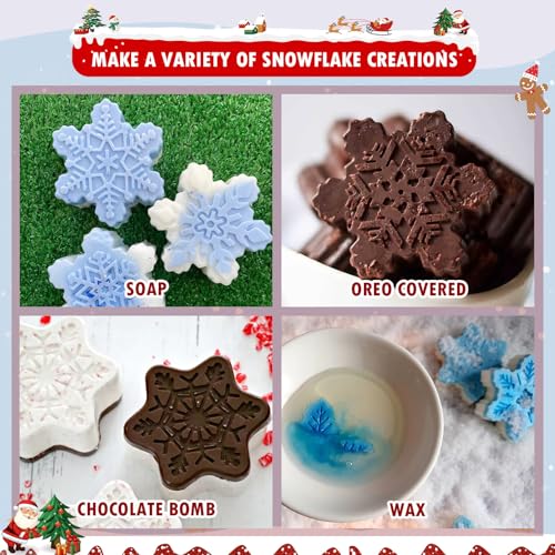 HKNMTT Snowflake Christmas Silicone Mold 12 Cavity 6 Shapes for Holiday Soap Chocolate Cocoa Bomb Ice Candy Oreo Covered Jello Xmas Winter Wax, Oven Safe Baking Frozen Moulds DIY Candle Craft Set - style: Snowflake - 2PCS