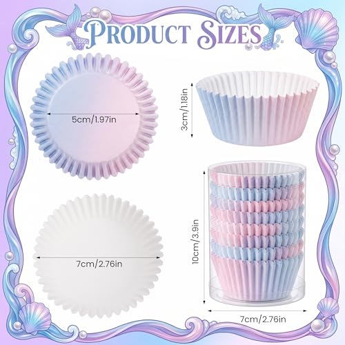 200PCS Gradient Cupcake Liners Blue Pink Ombre Paper Baking Cups Mermaid Themed Muffin Cupcake Wrappers for Bridal Shower Wedding Baby Shower Gender Reveal Birthday Party Cake Decor - style: 200 Counts